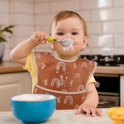 CIVARUA KIDS 3-Pack Waterproof Baby Bibs for Eating - Mess Proof Lightweight Toddler Feeding Bibs with Large Food Catcher, Food-Grade Baby Eating Essentials, Easy to Put On & Clean (Orange Rainbow) - Thumbnail 2