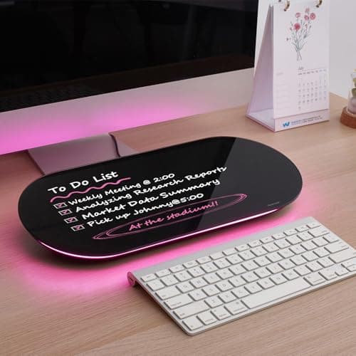 TSJ OFFICE Glass Desktop Whiteboard - 17 X 7 Inches Small Dry Erase Board with Pink Light, Black Glass White Board Surface Notepad with 1 Drawer, Desk Organizers for Office, Home, School Supplies - Image 1