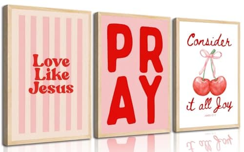 3Pcs Pink Christian Wall Art Trendy Christian Bible Verse Pictures Wall Decor Preppy Coquette Bow Scripture Aesthetic Posters Prints for Girly Bedroom Dorm Apartment Unframed 12x16in - Image 1