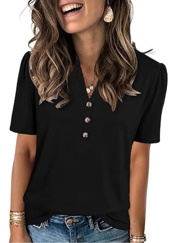 Bakoliza Short Sleeve Shirts for Women Summer Tops Henley Neck Puff Shirts Dressy Casual Tunic Business Casual Outfits Black - Image 1