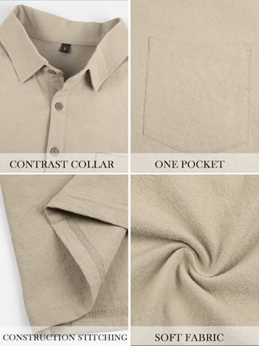TRFIC Mens Polo Shirts Short Sleeve Golf Shirts for Men Linen Casual Summer Classic Collar Shirts with Pocket Beige - Thumbnail 6