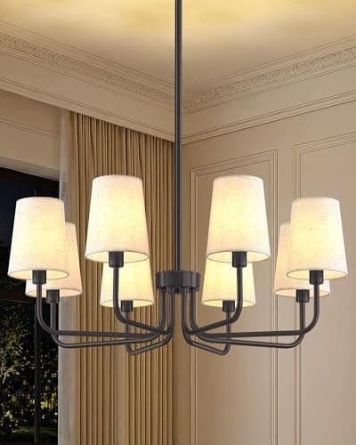 Yunnix 8 Light Black Chandelier for Dining Room, 30" Modern Light Fixture with Linen Shades, UL Listed Farmhouse Chandeliers for Kitchen Island Bedroom Living Room Foyer - Image 1