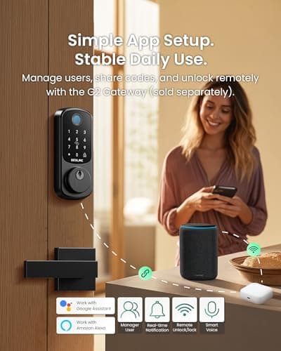 DESLOC B200 Fingerprint Smart Door Lock with App Control, Keyless Entry Deadbolt for Front Door, Auto Lock, Touchscreen Keypad, 8 Unlock Methods, USB-C Backup Power, 12-Month Battery, BHMA Grade3 - Thumbnail 3