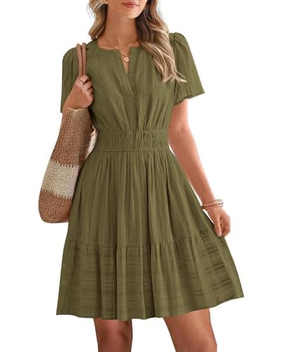 BTFBM Womens Spring 2026 Casual Mini Dresses Lightweight Short Sleeve V Neck Elastic Waist Cute Boho Beach Dress Pockets(Army Green, Large) - Image 1