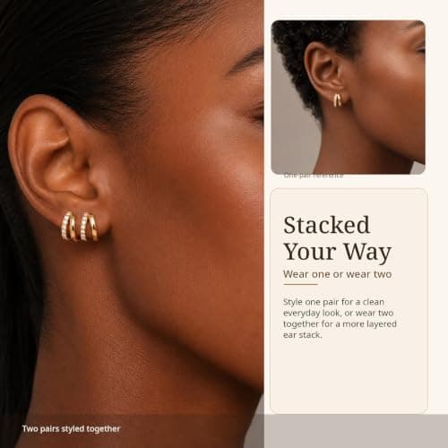 Small Gold Huggie Hoop Earrings for Women, Cubic Zirconia Double Hoops - Thumbnail 6