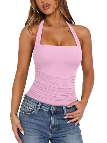 PINKMSTYLE Mesh Thong Bodysuit Tank Tops for Women Halter Square Neck Body Suits Double Lined Fitted Top Light Pink X-Large - Image 1