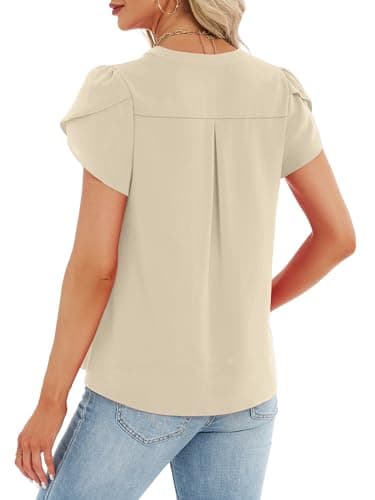 Funlingo Dressy Tops for Women Fashion 2026 Short Petal Sleeve Flowy Blouses Business Casual Office Shirt Loose Fitting Outfits Beige XL - Thumbnail 6