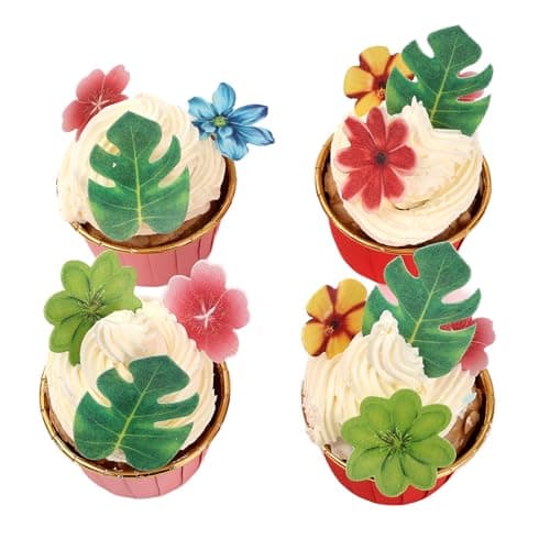 YOcity 83pcs Monstera Tropical Leaves Flowers for Cake Decoration Tropical Palm Leaves Flowers Cupcake Toppers for Jungle Hawaii Theme Baby Shower Kids Birthday Party Supplies