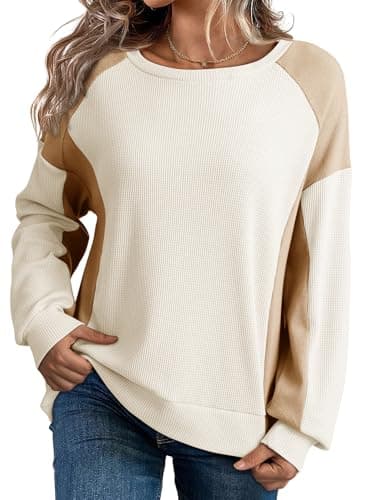 Dokotoo Womens Sweatshirt Oversized Waffle Knit Sweater Color Block Crewneck Sweatshirts for Women Long Sleeve High Low Casual Cozy Pullover Shirt Tops Fall Fashion Outfit Clothes 2024 White Small - Image 1