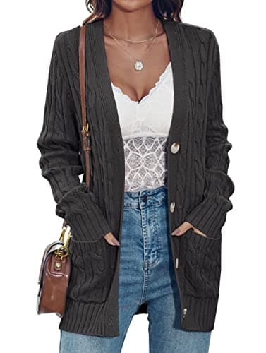 MEROKEETY Women's 2025 Fall Cable Knit Cardigan Sweater Chunky Button Up Open Front Long Sleeve Outwear Coat,Darkgrey,L - Image 1