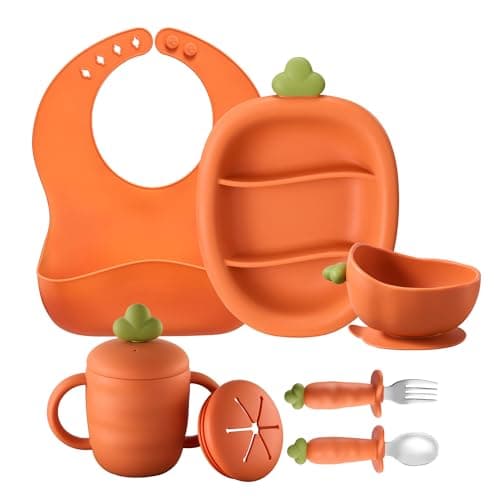 COZY ROCK Silicone Baby Feeding Set, Carrot Design BLW Toddler Feeding Set with Suction Plate & Bowl, Bib, Fork & Spoon, 2-in-1 Straw and Snack Cup, BPA-Free Baby Tableware for Starting Solids