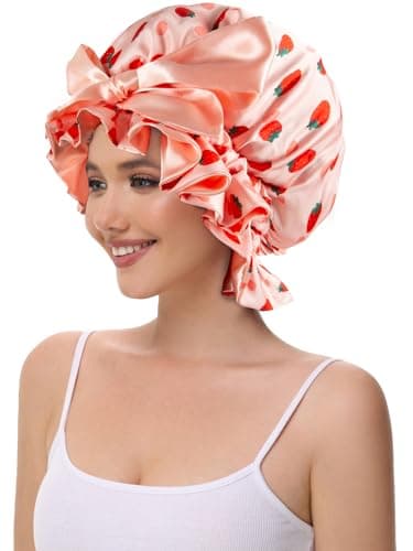 Vettres Silk Bonnet for Sleeping Women, Satin Hair Shower Cap 2025 Tie Band Adjustable Straps Head Wrap for Curly Hair Strawberries F - Thumbnail 5