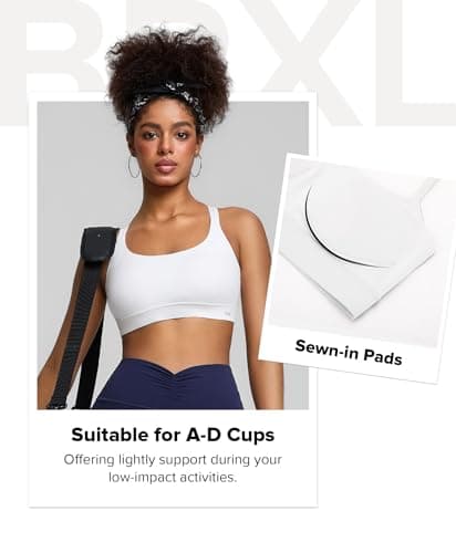 BRXL Plus Size Sports Bra with Sewn in Pads Light Impact Adjustable Spaghetti Strappy Padded Cross Back Cut Out Yoga Workout White - Thumbnail 2