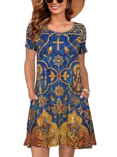 Heymoments Women's Short Sleeve Dress Floral Print Large Crewneck Casual Loose Flowy Below Knee Length Sundress Business A Line Shirt Teachers Summer Novelty Dresses with Pockets - Image 1