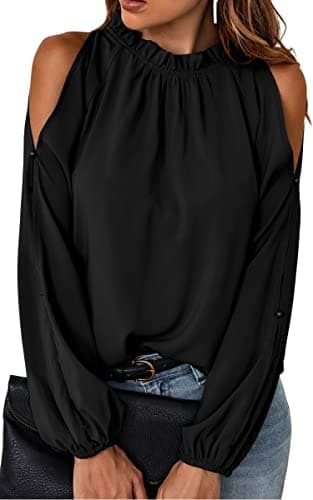 CCTOO Womens Tops Dressy Casual Cold Shoulder Ruffle Collar Blouses Fall Fashion Shirts for Work 199Black Large - Image 1