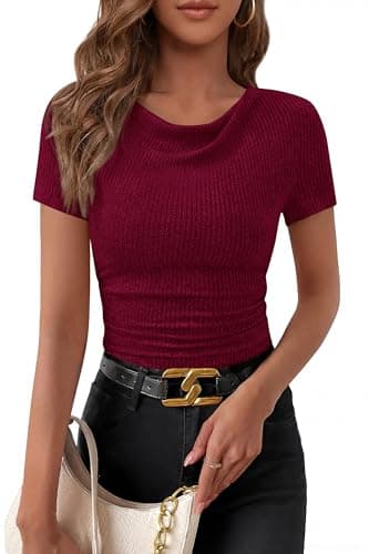 PRETTYGARDEN Womens Summer Tops 2026 Cute Cowl Neck Short Sleeve T-Shirts Ribbed Knit Fitted Spring Ruched Crop Top(Burgundy,Medium) - Image 1