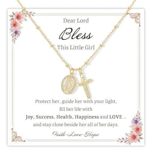 Juvux Virgin Mary Cross Necklace for Women Girls Cross Pendant Necklace Plated 14K Gold Simple Jesus Cross Necklace for Girls First Communion Religious Easter Baptism Gifts - Image 1