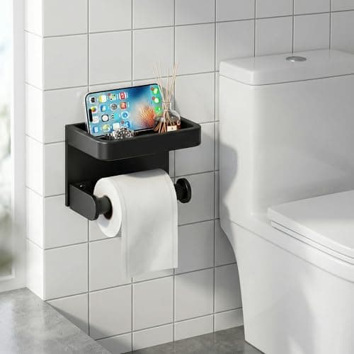 Lavstow Toilet Paper Roll Holder with Phone Shelf, Adhesive or Screw Aluminum Tissue Roll Holder Wall Mount, Rustproof for Bathroom,Washroom Black - Thumbnail 5
