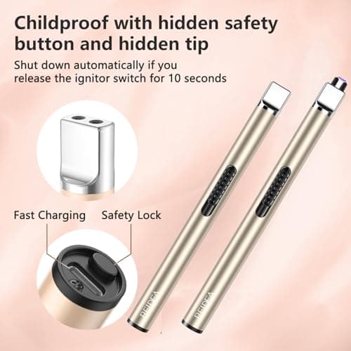REIDEA Candle Lighter Electronic Arc Windproof Flameless USB Rechargeable Lighter with Safe Button for Home Kitchen, S4, Champagne Gold - Thumbnail 3