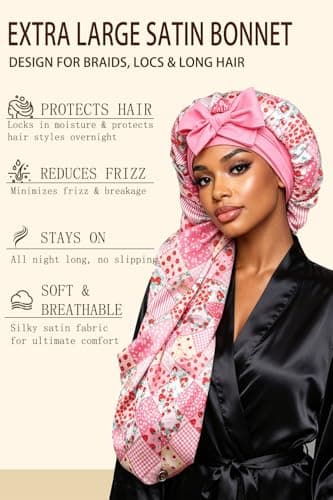 Vettres Extra Large Satin Bonnet for Braids & Locs, No Slip Tie Band Stays On All Night, Silky Sleep Cap Won’t Flatten Hair Pink Strawberry - Thumbnail 2