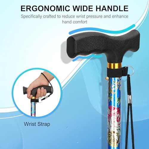 supregear Folding Cane, Lightweight 5-Level Adjustable Walking Stick with Wrist Strap and T-Handle, Portable Mobility Aid for Elderly and Disabled Men and Women, Floral Blue - Thumbnail 4