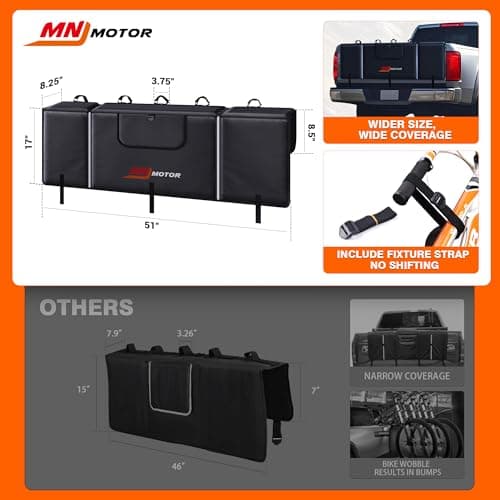 MNJ MOTOR Tailgate Bike Pad, Widen Size Pickup Truck Tailgate Carry 5 Mountain Bikes Protection Pad with Fixture Straps Reflective Strips Tool Pockets and Rear Camera Opening - Thumbnail 4