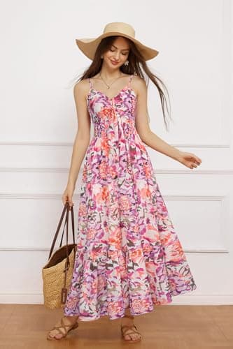 GRACE KARIN Women's Summer Boho Spaghetti Strap V Neck Casual Flowy Long Dress Beach Swing Party Maxi Dress - Thumbnail 5