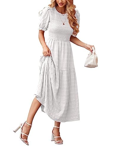 dowerme Womens Summer Dresses 2025 Casual Puff Short Sleeve Crewneck Smocked Flowy Ruffle Boho Beach Party Maxi Sundress(White,Medium) - Image 1