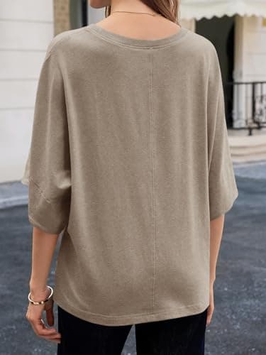Cicy Bell Womens Oversized Half Sleeve T-Shirts Summer Casual Crew Neck Tshirt Loose Fit Side Slit Tee Tops Khaki - Thumbnail 4