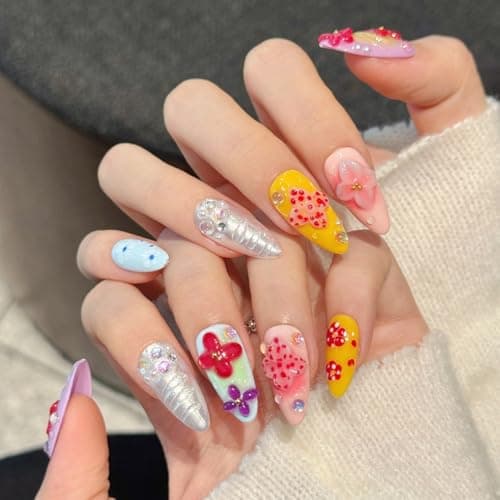 Yacey 3D Tropical Floral Handmade Press on Nails, Medium Almond Reusable False Nails Press Ons, Colorful Luxury Thick Acrylic Fake Nails, Bling Glue on Nails for Women Girls (10 Pcs, S)