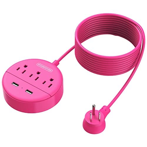 15 ft Extension Cord Power Strip with USB, NTONPOWER Mountable Power Strip Flat Plug with 3 Outlet 2 USB, ETL Listed, Desktop Charging Station, Compact Size for Home Office Dorm Room Nightstand, Pink