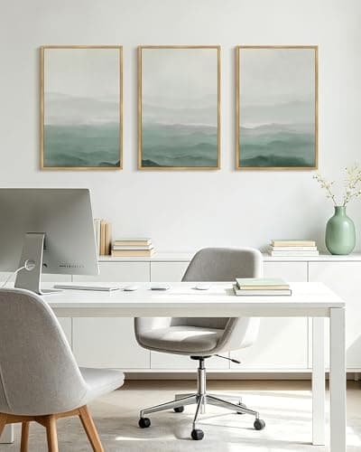 KUVIOKE Green Watercolor Mountains in Fog Framed Wall Art Wilderness Nature Landscape Artwork Painting Boho Rustic Scenic Relax Cool Home Decor 16x24in (Natural Framed) - Thumbnail 4