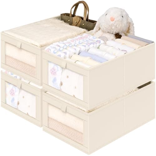 Criusia Closet Organizers and Storage, 4 Pack Linen Closet Baskets with Mesh Window for Organization, Foldable Closet Organizer for Clothing, Towels, Toys, Nursery, Books, Shelves, Beige