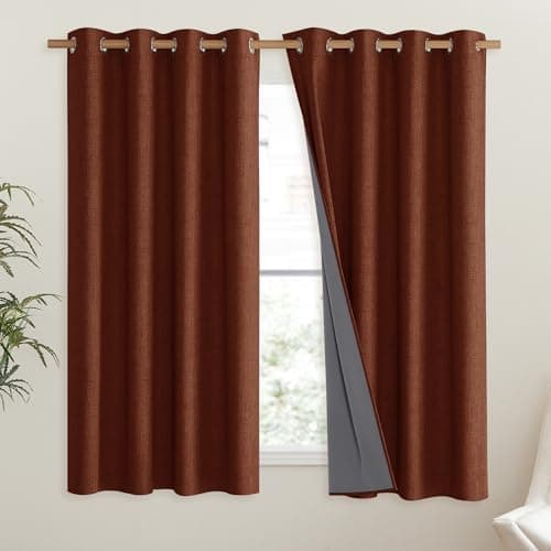 NICETOWN 100% Absolutely Blackout Linen Curtains with Thermal Insulated Liner, 52" Wide, 2 Panels, 45" Long Drapes, Grommet Retro Burnt Orange Linen Curtains Vertical Drapes Privacy for Bedroom - Thumbnail 2