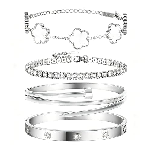 JINDETAI Stackable Silver Bracelets for Women - 3/4/5 Sets, Non-Tarnish Stainless Steel & Sterling Silver Trendy Stackable Bangle Jewelry Set, Gifts for Valentine's Day, Birthday, Prom and Christmas - Image 1