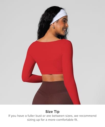 BRXL Red Crop Tops for Women Long Sleeve Workout Gym Athletic Tops Built in Bra Deep V Neck Ruched Padded Dance Sexy Shirts - Thumbnail 4