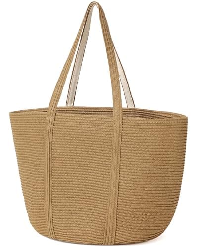 Loiyadn Straw Bag, Beach Bag Straw Beach Bags for Women Foldable Packable Beach Tote Lightweight Large Shoulder Handbags - Khaki,Medium - Image 1