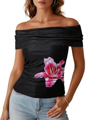 Dokotoo Women's Flower Print Off The Shoulder Tops Mesh Ruched Long Sleeve Sexy Going Out Blouses Black Small - Image 1