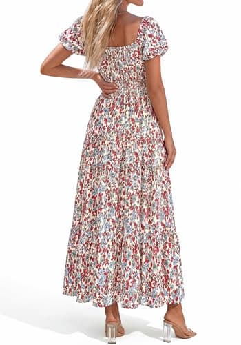 BTFBM Summer Dress for Women 2026 Spring Floral Short Sleeve Casual Flowy A-Line Smocked Tiered Maxi Dresses Pockets(Floral Beige Multicolor, Medium) - Thumbnail 3