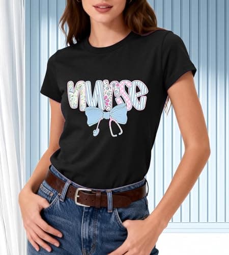 Nurse Shirt Women School Nurseing Tshirt-Bow Stethoscope Teet Ops Vintage Floral Nurse Tee B-Black - Thumbnail 4