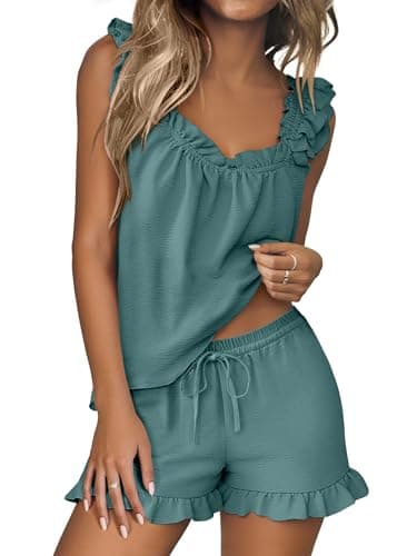 ANRABESS Womens Summer Lounge Set 2 Piece Outfits Ruffle Tank Top and Shorts Set 2026 Beach Vacation Cover Up Clothes Lake Small - Image 1