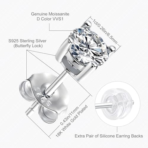 Ve Celestelle Moissanite Stud Earrings, 925 Sterling Silver, 18K White Gold Plated, Round Cut (2 Carat-(1ct*2)-6.5mm) - Thumbnail 6