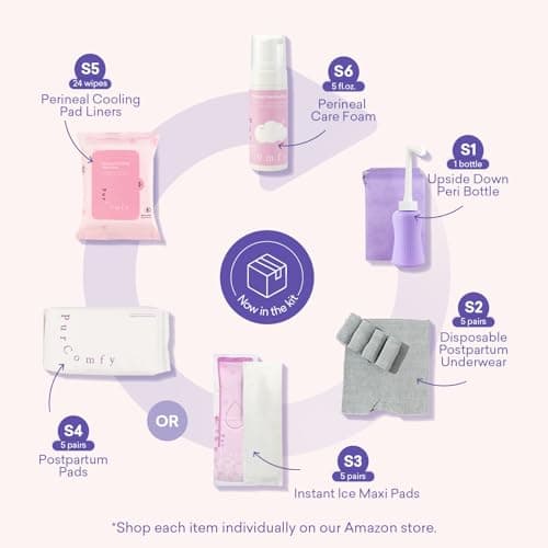 PurComfy 18 Pcs Postpartum Essentials Recovery Kit, Includes 5 Disposable Underwear, 24 Perineal Pad Liners, Perineal Care Foam, 5 Instant Ice Pads, Peri Bottle and 5 Postpartum Pads - Thumbnail 2
