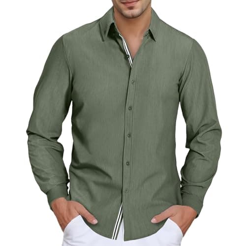 Hrbtens Men's Stretch Denim Dress Shirt Long Sleeve Casual Button Down Everyday Shirts Fall Winter Wedding Shirts Green - Image 1