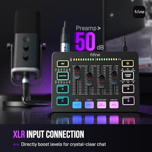 FIFINE Gaming Audio Mixer, Streaming RGB PC Mixer with XLR Microphone Interface, Individual Control, Volume Fader, Mute Button, 48V Phantom Power, for Podcast/Recording/Vocal/Game Voice-AmpliGame SC3 - Thumbnail 2