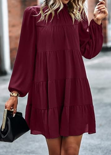 KIRUNDO Long Sleeve Baby Doll Dresses Women 2026 Casual Spring Summer Ruffle Mock Neck Tiered Mini Flowy Swing Shift Dress(Wine Red, X-Large) - Thumbnail 3