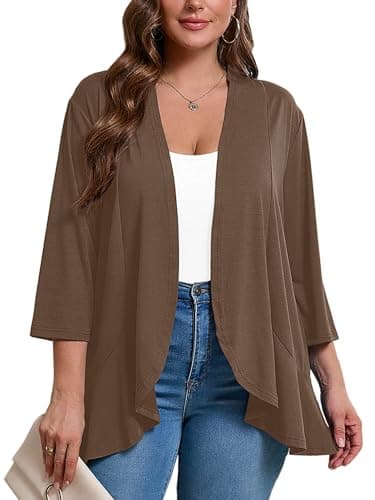 AusLook Women's Plus Size 3/4 Sleeve Lightweight Open Front Cardigan Coffee 5X Draped Ruffles Causal Cover Ups Shrugs Tops Shawls and Wraps Kimono Jacket Coat - Image 1
