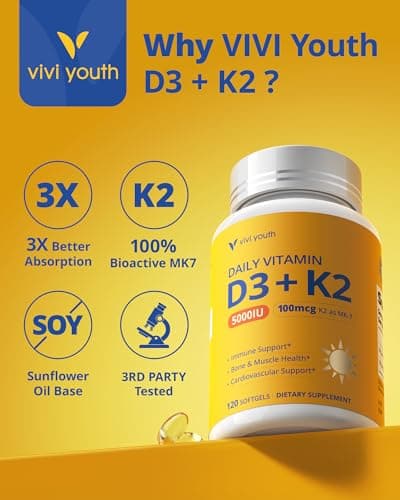 VIVI Youth Vitamin D3 K2 Supplement 5000 IU & MK-7 100mcg with Sunflower Seed Oil, High Absorption Softgels for Bone, Immune & Heart Health, Soy-Free, Non-GMO 120 Servings for Adults & Seniors - Thumbnail 2