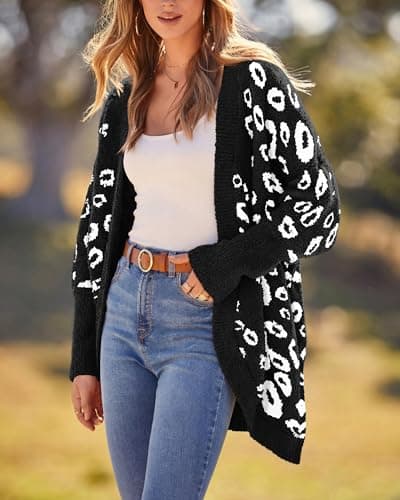 BTFBM Leopard Cardigan for Women Long Sleeve Open Front Cardigans Sweaters Pockets Loose Knit 2026 Fall Winter Outwear(Black, Large) - Thumbnail 3