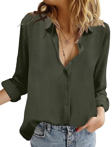 DLOODA Womens Button Down Shirts Cotton Long Sleeve V Neck Blouses Loose Fit Green - Image 1
